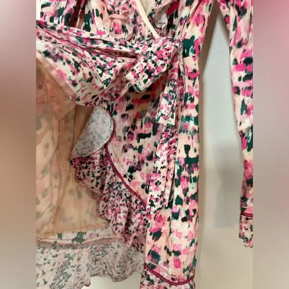 Rococo Sand Mimi Wrap Pink Dress Long Ruffle Puff Sleeve Size Medium - Picture 8 of 13